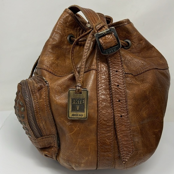 Frye Brooke Studded Drawstring Bucket Bag Purse Brown Leather Shoulder Bag - Picture 5 of 12